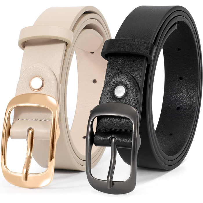 LEACOOLKEY: 2 жіночі шкіряні ремені з пряжкою Gold, для джинсів та штанів, чорний+бежевий, XXL, розмір 117-127 см