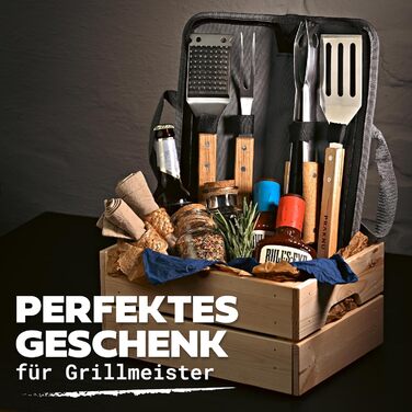 Набір гриль-посуду Praknu з дерев'яними ручками та сумкою - стійкий до високих температур, нержавіючий та міцний. Включає щітку, щипці, лопатку та виделку для м'яса. Ідеальний подарунок для чоловіків.