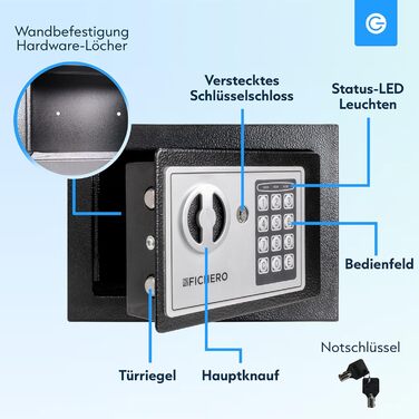 Сталевий сейф Silvergear® Tresor для дому з електронним замком та кодовою панеллю | Сейф для ключів та грошей з 2 ключами