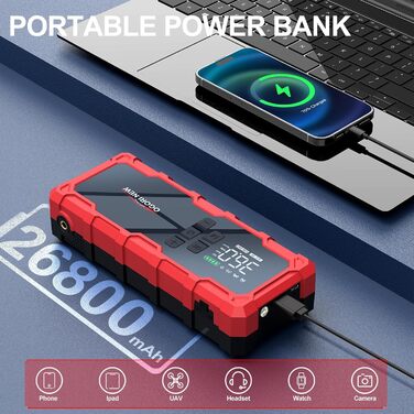 Powerbank Starthilfe з компресором 6000A, LED ліхтарик, 12V для бензинових (8L) та дизельних (10L) авто (B184)