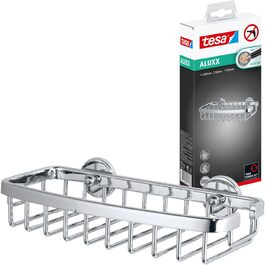 tesa ALUXX Adhesive Shower Shelf, Aluminum, Chrome-plated, Guaranteed Rust-free, Includes Adhesive Solution, 105 mm x 220 mm x 52 mm
