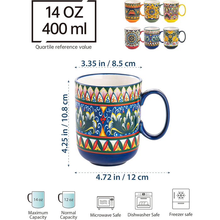 Набір чашок з порцеляни, керамічні чашки капучино/маг - посуд для 6 осіб, набір чашок для кави - богемний стиль (400мл)