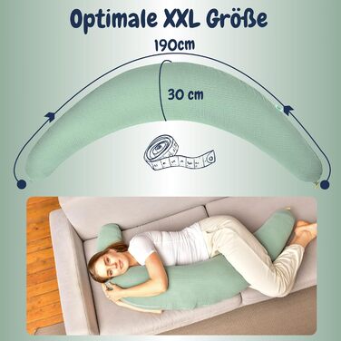 sei Design XXL Pregnancy Pillow Microbeads 190x30 - Pregnancy Pillow Side Sleeper Pillow Baby Comfort Pillow Adult - Ergonomic with Cotton Muslin Natural Cover