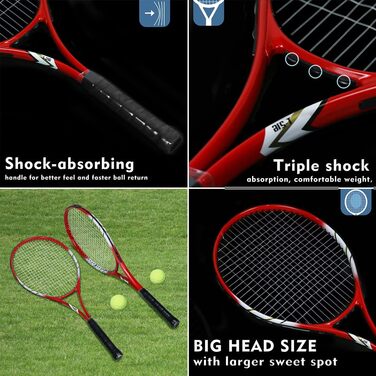 Beginner Tennis Racquet Set for 2 Players - Pre-Strung 27 Inch Adult Racquets with Balls, Overgrips & Carry Bag