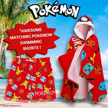 Pokemon Hooded Towel, 100% Cotton, Kids Poncho, Pokeball, Pikachu, Beach Towel, Bath Towel, Changing Towel, Wrap Towel