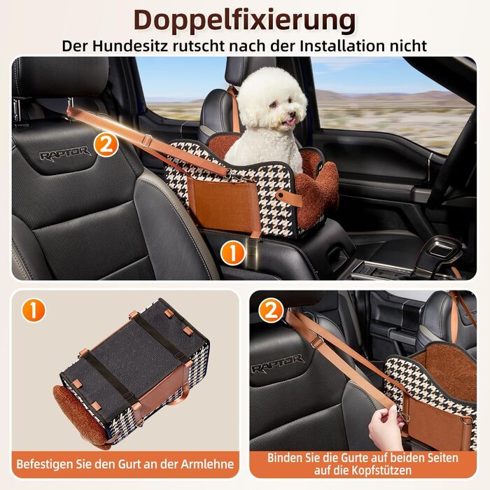 Автокрісло для собак та котів GGW | Безпечне автокрісло для маленьких собак та котів, водонепроникне, з бічними кишенями та швидкою установкою (сумісне з 99% підлокітників) (Колір: Коричневий, Стиль: Класичний)