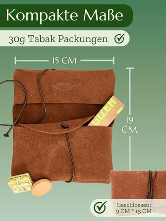 Premium Tobacco Pouch made of Wild Leather - Separate Paper & Filter Compartment - Handcrafted Tobacco Bag - High-Quality Rolling Pouch for Tobacco (Cognac Brown)