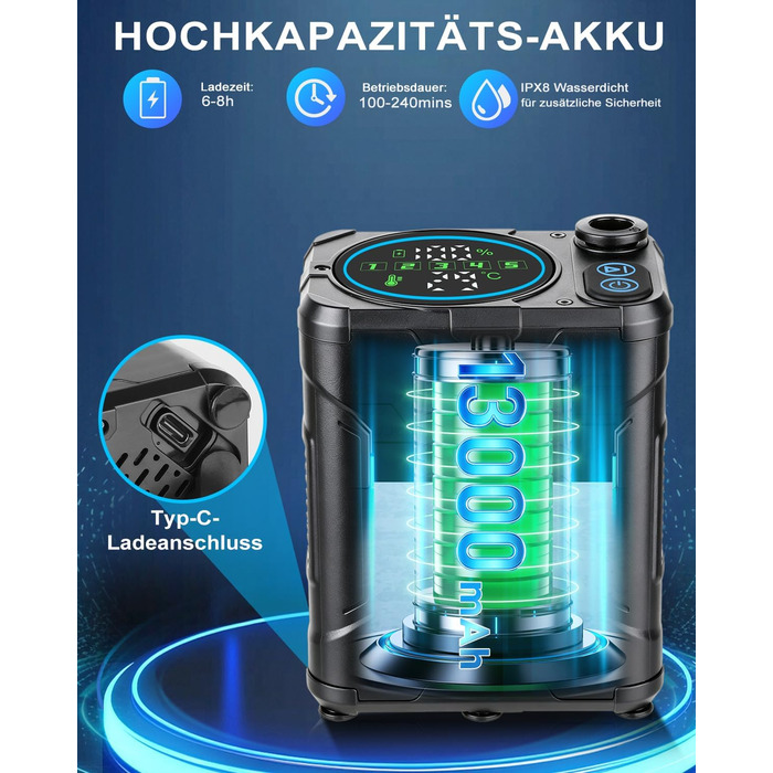 Портативний душ для кемпінгу з акумулятором 13000mAh, мобільний вуличний душ з насосом, паузою та індикатором температури для тривалого кемпінгу, миття тварин та авто