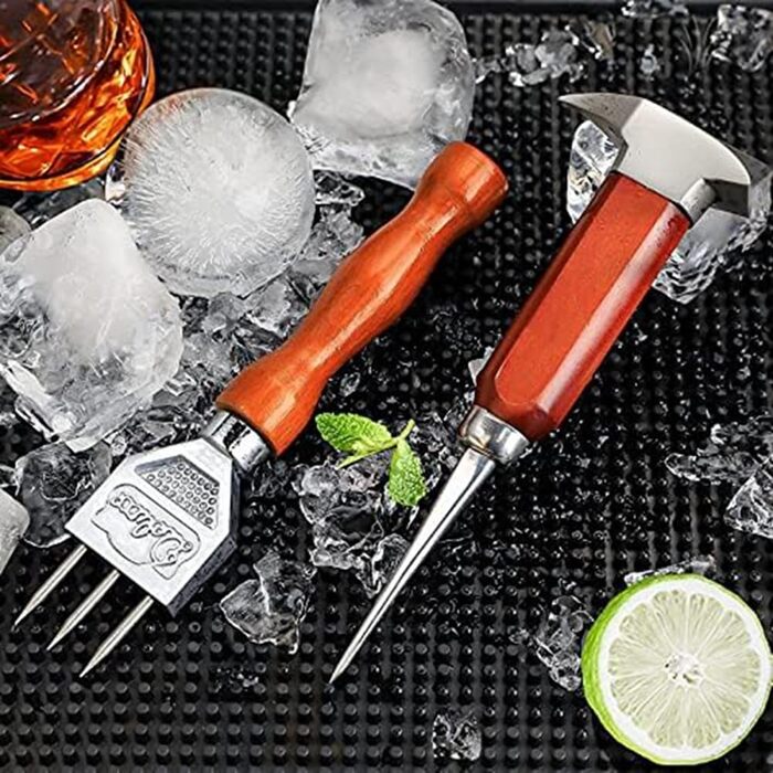 Ice Pick Set with Wooden Handle - Perfect for Bars and Bartenders - Ice Crusher and Tongs Kit - Best Carving Tool for Cocktails and Drinks