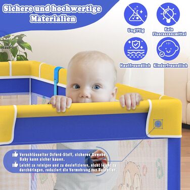 Дитячий манеж UISEBRT 150x180 см з 50 кульками, 4 кільцями, сумкою для перенесення, складаний, з дихаючою сіткою, синій з тваринами