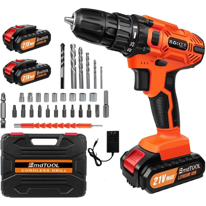 Акумуляторний шуруповерт-дрель 21V з набором аксесуарів для дому та саду (2 батареї, 45Nm, 25+1 ступнів, 2 швидкості)