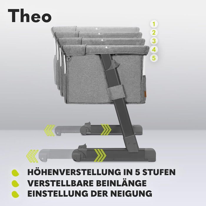 Lionelo Theo 2-in-1 Baby Cot, Travel Cot for Baby, Bedside Cot for Baby from Birth up to 9 kg, Height Adjustment, Recline Adjustment, Foldable Side Rail, Mattress, Mosquito Net (Grey) Grey 1 Piece (1-Pack)