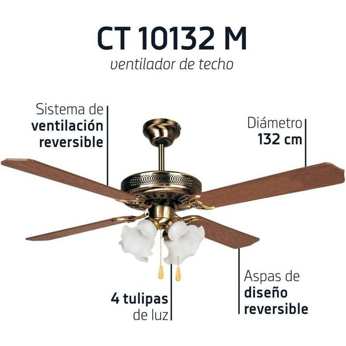 Вентилятор стельовий Orbegozo CT 10132 M з лампами, 132 см, 60 Вт, дерев'яні лопаті, 3 швидкості