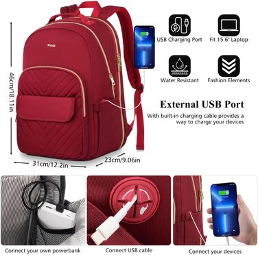 Жіночий рюкзак для ноутбука 17,3 дюйма: стильний рюкзак для дівчат, підлітків, студентів та вчителів. Ідеально для навчання, роботи та подорожей (15.6', винний колір)