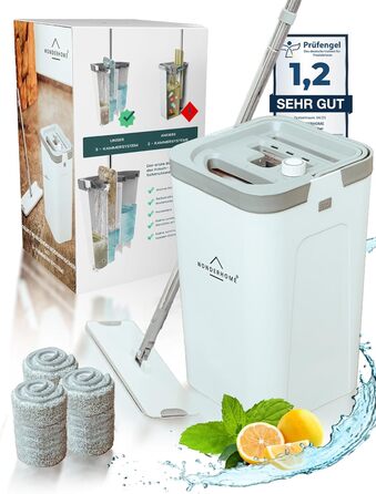 WONDERHOME Floor Wiper Set with Bucket - separates dirt from clean water - innovative 3-chamber mop cleaning set + wringing function - Classic [Order now with extended 140cm pole!]