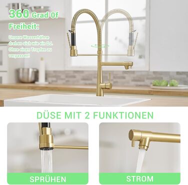 LED кухонний змішувач зі спіральною пружиною, 360° обертання, двотрубний, висувний, для кухні, з душем, високий тиск, нікель, LED, преміум якість
