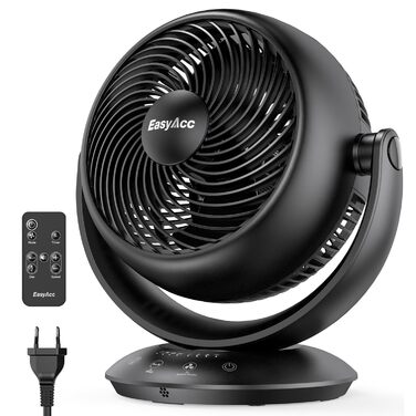 Вентилятор EasyAcc тихий, 25dB, настільний, з авто-осциляцією 90°, 3D Turbo, з пультом, 3 швидкості, таймер 2-12 годин, для спальні - чорний