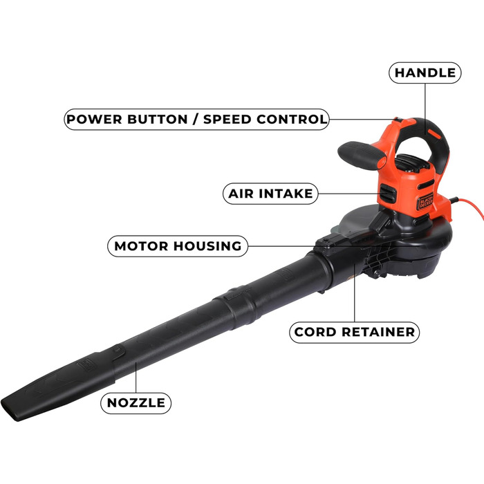 BLACK+DECKER 3-в-1 акумуляторний садовий пилосос-видувка 3000 Вт з подрібнювачем, рюкзаком-мішком 72 л, регульованою потужністю, для терас і доріжок (BEBLV300)