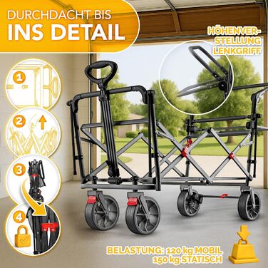 Трьохколісний візок TRESKO® Bollerwagen з дахом, кишенькою-холодильником та боковими шторками | Вантажопідйомність до 150 кг | З повного гумового покриття коліс та гальмами (передніми та задніми) та 3-точковим ременем безпеки (зелений, сірий)