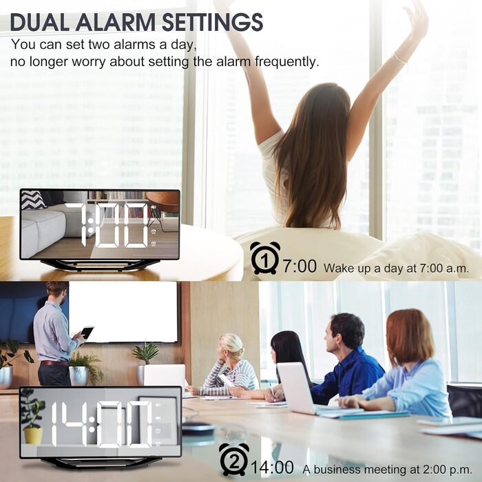 Loud alarm clock with bed shaker for heavy sleepers, digital dual alarm clock with vibration, 8.7'' LED mirror alarm clock for children, teenagers, 7 volume levels and dimmer, battery backup, snooze, 12/24H-DST