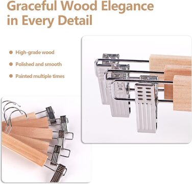 10 дерев'яних вішалок для одягу 35 см, міцні вішалки для штанів, з поворотним гачком 360°, металеві вішалки для одягу, економія місця, з антиковзними кліпсами для штанів, шкарпеток, спідниць (колір дерева)