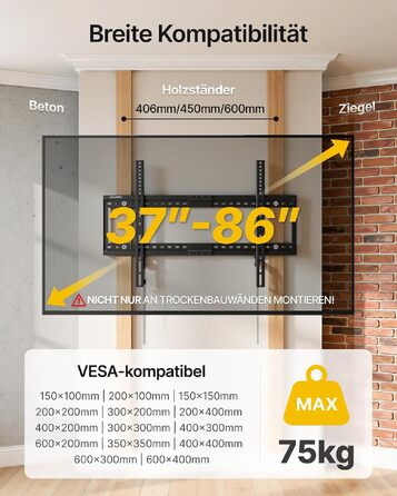 Настінний кронштейн для телевізора monTEK Ultra Flach (37-86 дюймів), до 75 кг, VESA 600x400мм, фіксований, для бетонних та дерев'яних стін