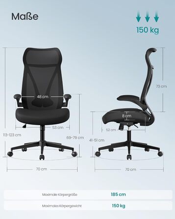 Офісний стіл SONGMICS, ергономічне крісло з регулюванням висоти та підголівником, до 150 кг, чорний OBN088B01