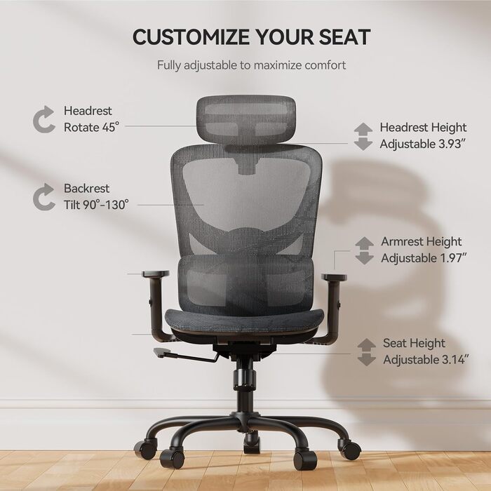 Офісний стіл Noblewell з високою спинкою, комп'ютерне крісло з сітчастої тканини з підтримкою попереку, 3D-підлокітники, подвійна спинка та регульована підголівник