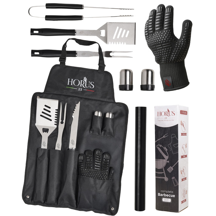HORUS 23 Набір гриля з аксесуарами з нержавіючої сталі: щитківка, рукавиці для захисту від тепла, килимок для гриля - подарунок для чоловіків