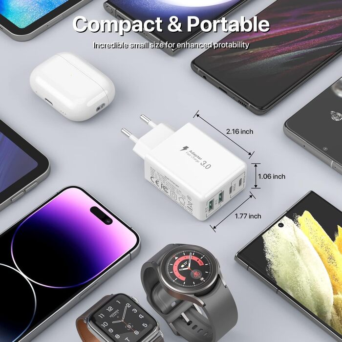 Блок зарядки USB C 40W з 4 портами: швидка зарядка PD+QC для iPhone, Samsung, Tablet (білий)