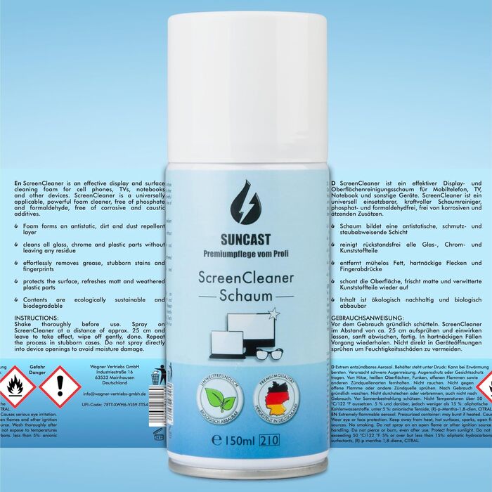 Набір для чищення екранів SUNCAST 2х150 мл з мікрофіброю - піна для телевізора, ноутбука та монітора. Зроблено в Німеччині