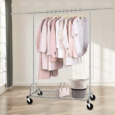 Heavy-Duty Clothes Rack, SPECILITE 2-in-1 Clothes Rack Stable with Wheels and Shelves, Load Capacity 217 KG, Adjustable Metal Heavy-Duty Garment Rack on Wheels