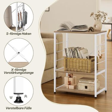 Kitchen Shelf, Microwave Shelf with 4 Hooks, Baking Shelf with 3 Tiers, Storage Shelf for Kitchen, Cafe, Living Room, Bathroom, 60 x 82 x 40 cm, Light Oak + White