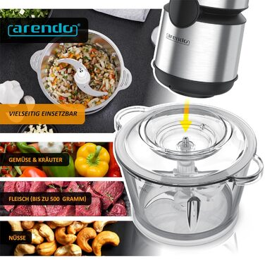 Електричний подрібнювач Arendo з нержавіючої сталі, 500 Вт, об'єм 2 л, для м'яса, горіхів, фруктів, овочів та іншого
