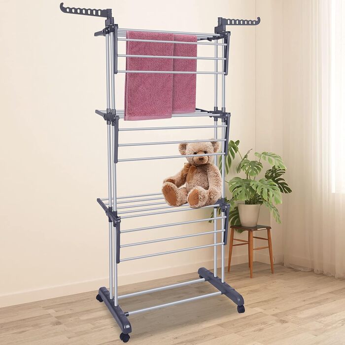 Bigzzia Clothes Rack Foldable 3 Tiers Stainless Steel Clothes Dryer Drying Rack with Two Side Wings Grey