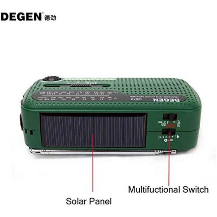 Приймач Degen DE13 FM/AM/SW з сонячною панеллю, ліхтариком, SOS-сигналом та зарядкою для телефону. Зелений