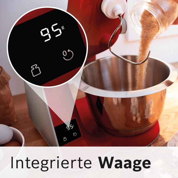 Bosch Kitchen Machine Series 4 MUM5X720, integrated scale, 3.9L stainless steel bowl, 1.25L mixer, professional dough hook, planetary mixing system, whisk, continuous slicer/shredder, 1000 W, Dark Red/Silver. Includes 2 accessories. Single.