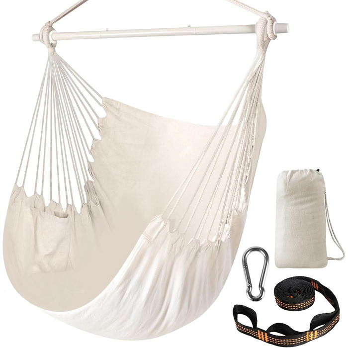 Chihee Hanging Chair Rocking Chair Hammock Chair Large Hanging Seat Patio Lawn Relaxing Cotton Fabric for High Comfort and Durability Perfect for Indoor/Outdoor Use Bedroom Terrace Yard Garden (Cream White)