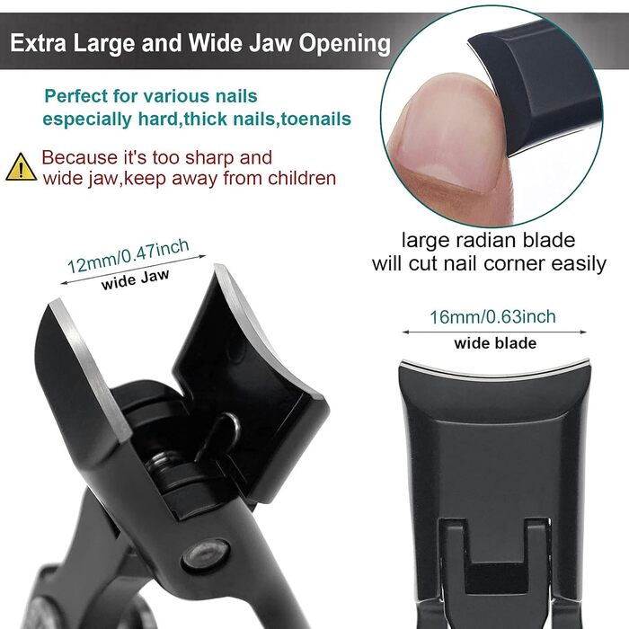 Кусачки для нігтів Zehennagelknipser для товстих нігтів з фіксатором, великим отвором та пилкою, для врослих нігтів, міцні, для дорослих та літніх людей (чорні)