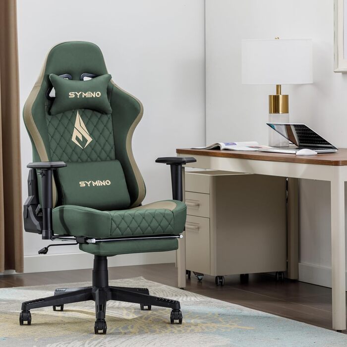 Ігровий крісло Symino Racing Style - ергономічне, 200 кг, регульовані підлокітники, PU шкіра, з підніжкою (зелений)