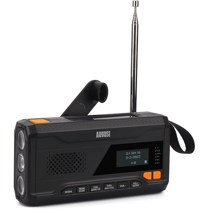 Радіо August MB290B з ручним приводом: DAB/FM/Bluetooth, сонячна панель, Powerbank 4500mAh, LED ліхтарик, таймер сну, SOS-сигнал, радіо для кемпінгу, походів та надзвичайних ситуацій