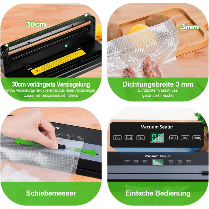 Вакуумний пакувальник Obecilc 7-в-1 з ріжучим ножем, 65 кПа, сухий/вологий режим, 10 пакетів, для дому та ресторану