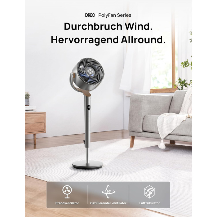 Вентилятор підлоговий Dreo з Wi-Fi, 102 см, 3 режими, 8 швидкостей, срібний, 102 см, 1200 м³/год