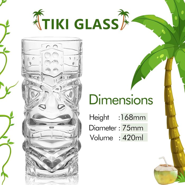 Скляні стакани Tiki, прозорі, набір 170-400 мл, для коктейлів, тропічний стиль