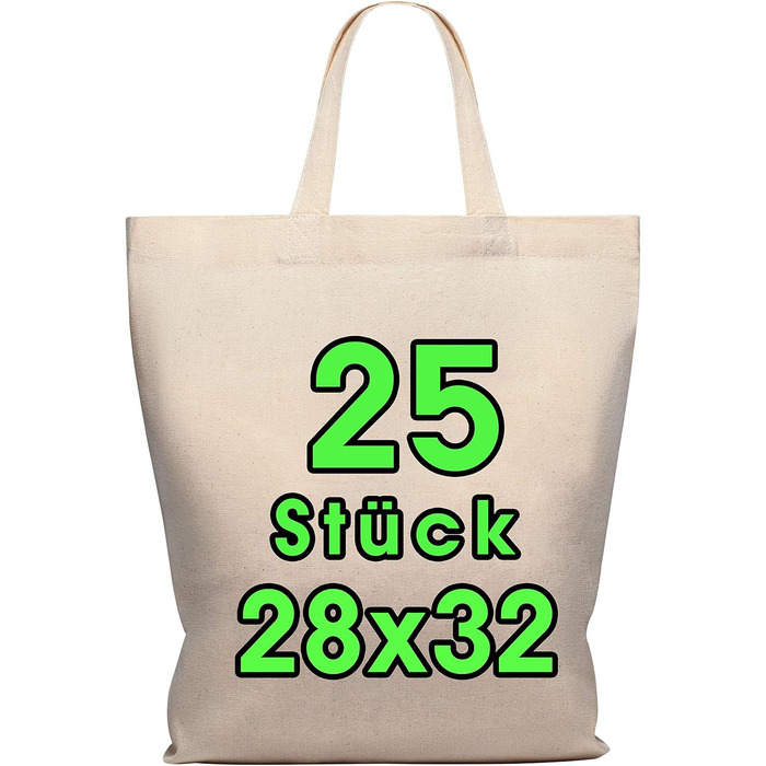 25 Cotton Bags 28 x 32 cm - Jute Bag Medium – Natural Apothecary Bag, Shopping Bag, Yarn Bag Gift Bag ÖKO-TEX® certified Fabric Bag Unprinted, short handles for painting and printing