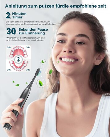 Електрична звукова зубна щітка для дорослих - відбілювання, ультразвукова, з кейсом для подорожей та зарядною станцією, 8 насадок, 5 режимів чищення (Чорна)