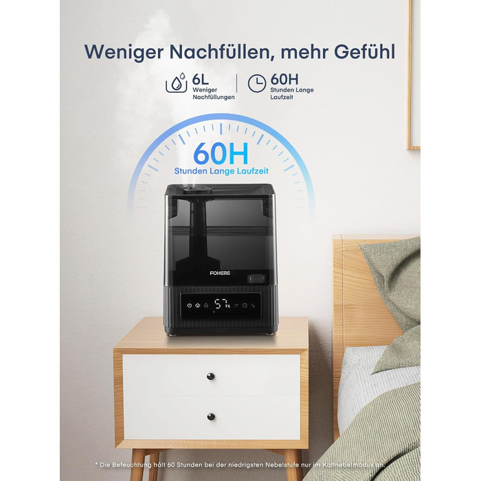 Зволожувач повітря FOHERE для спальні, 6 л, тихий, з теплим/холодним туманом, 60 годин роботи, дифузор для ефірних олій, режим сну, таймер 12 годин, нічник для дому, дитячої кімнати, рослин, немовлят та дітей