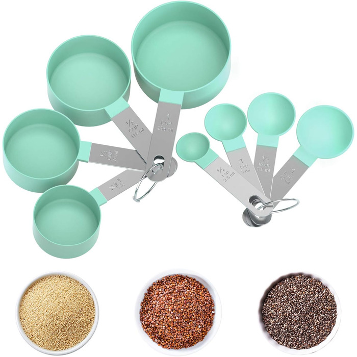 Набір мірних ложок та мірний стакан з нержавіючої сталі, 8 шт. - для рідин та твердих інгредієнтів, випічки, кулінарії (блакитно-зелений)