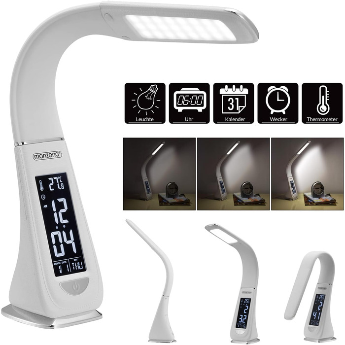 Лампа настільна LED Monzana з годинником, будильником, термометром, календарем, регулюванням яскравості. Біла