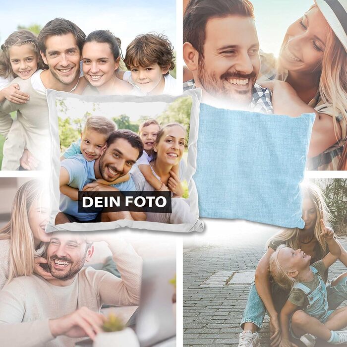 PR Print Royal Photo Cushion Cover - Design Your Own with Your Photo - One-Sided Printing - Personalized Photo Gift for Friends and Family - 40 x 40 cm, Backside Light Blue Patterned | Personalized
